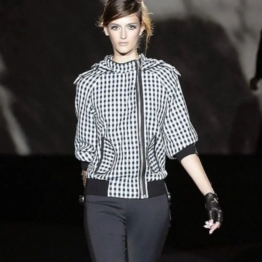 L.A.M.B. Asymmetrical Gingham Double-Zip Hooded Bomber with Cropped Sleeves - Picture 1 of 12